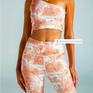 Noli Yoga 2piece matching set leggings and top one shoulder paradise print coral